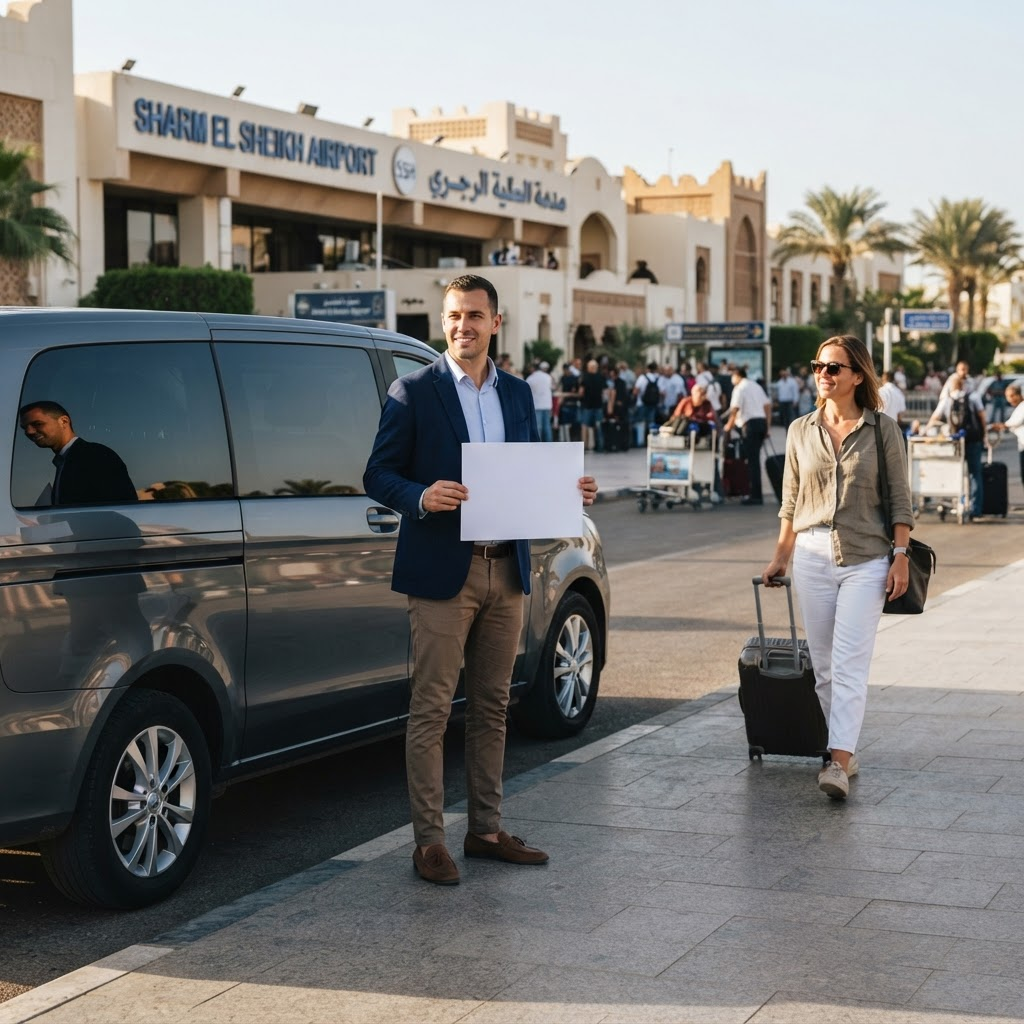 Professional driver with a name sign meeting a traveler beside a clean minivan at Sharm El Sheikh airport